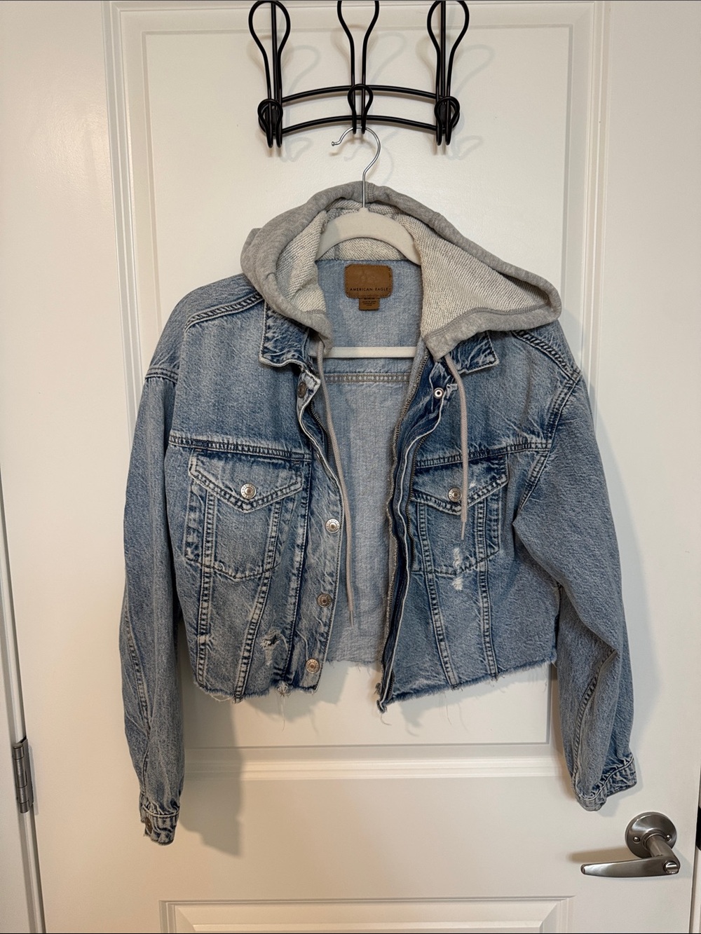 American Eagle AE Cropped Distressed Demin Hoodie